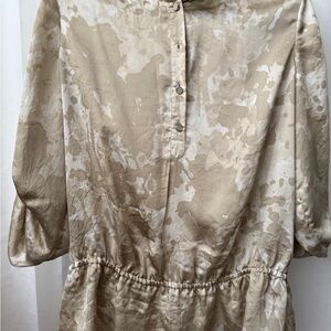 Beige Patterned Button-Up Peplum Blouse
